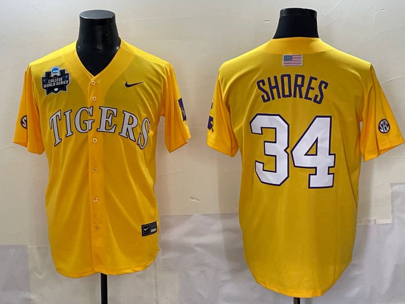 Men 2025 LSU Tigers #34 Shores Yellow Nike Joint Name Nike NCAA Jersey style 2